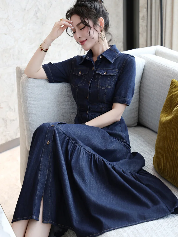 Vestido Jeans Feminino TIYIHAILEY 100% Algodão Longo até a Panturrilha com Botões, Gola Dobrável e Manga Curta para o Verão, Tamanhos M-4XL 2026