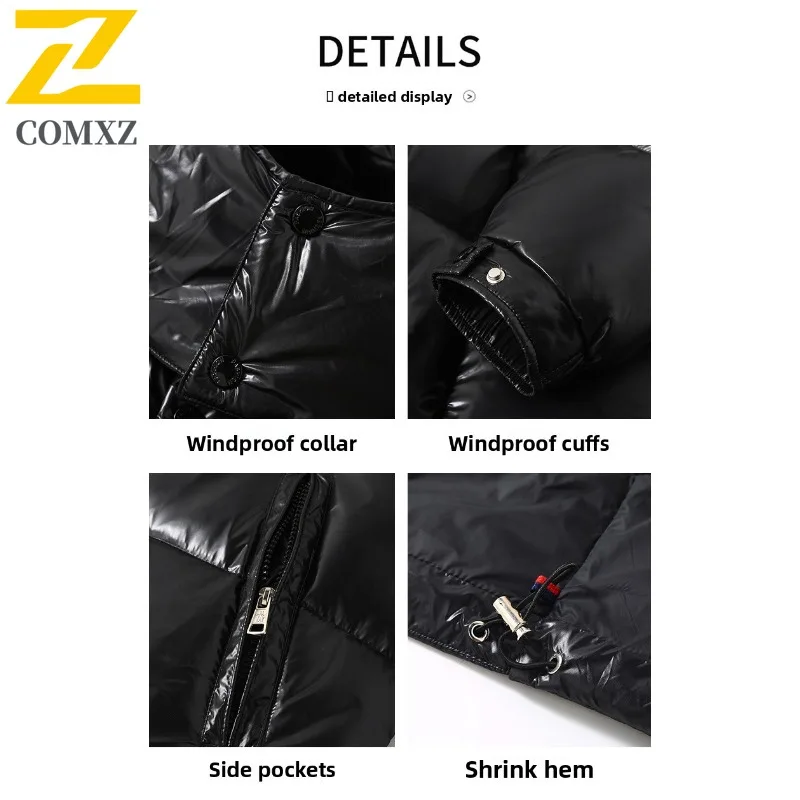 COMXZ 2025 Men Long Glossy Leather lightweight windbreaker  Winter New Youth Thickened Cold Proof Thermal outdoor Hooded Coat