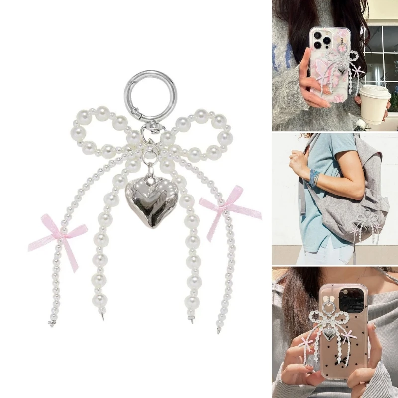 Elegante pérolas amor pingente com arcos borboleta chaveiro portátil elegante liga ornamento para meninas mulheres