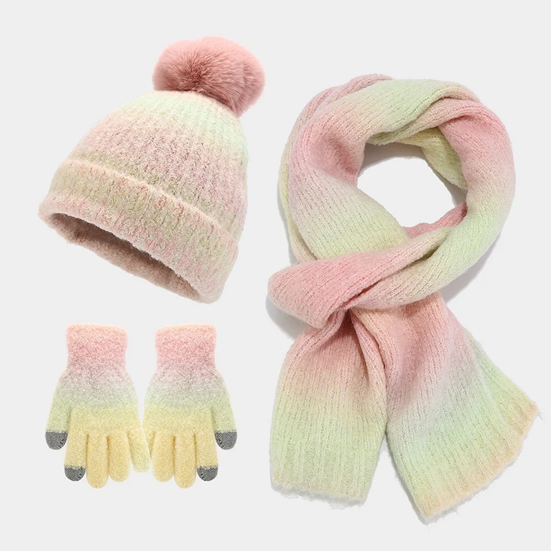 Conjunto de lenço e luvas de malha de lã tingido, pompom, gorros de pelúcia, gorro engrossado, luvas touch screen, nova moda, inverno