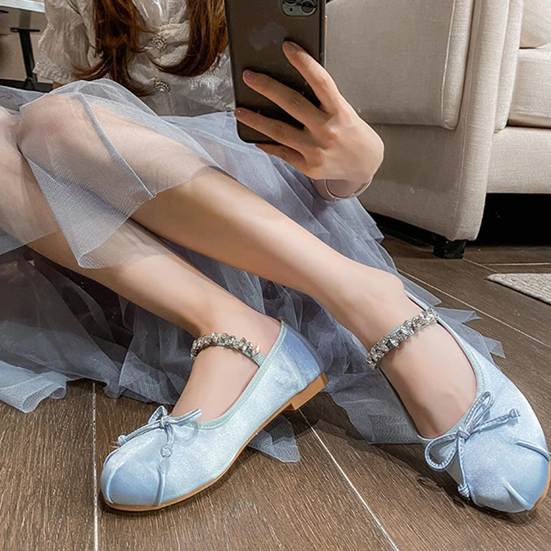 Elastic Rhinestone Band Mary Janes Woman Bowtie Silk Ballets Shoes Ladies Round Toe Flats Female Loafers Wedding Brides Shoes