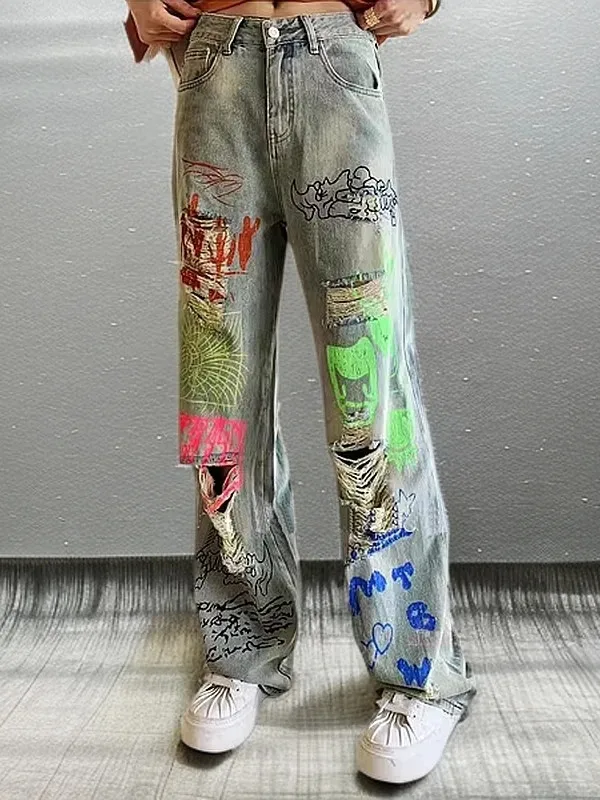 

Свободные джинсы с широкими штанинами, принт, весна, новинка, высокая талия, прямой крой, брюки для молодых женщин, повседневный деним