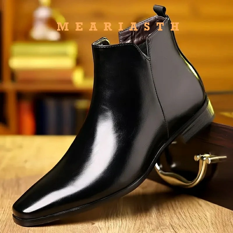 

2024 New High Top Leather Shoes Vintage Handmade Shoes Chelsea British Square Head Leather Boots Business Dress Leather Shoes
