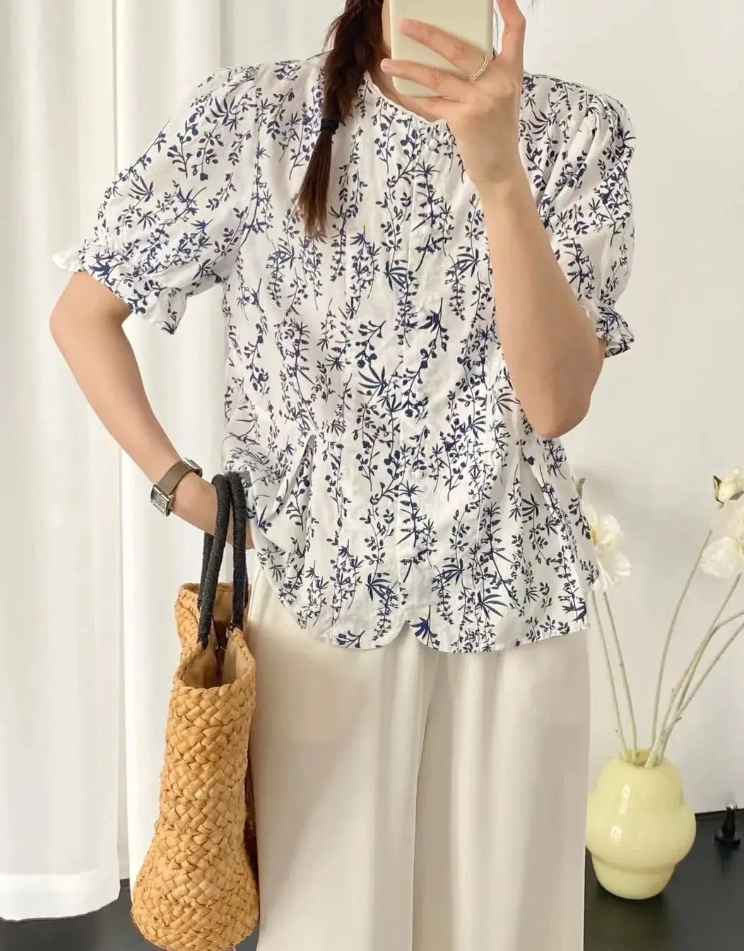 Women's elegant blouses 100% cotton o neck short sleeve blue printed shirts and blouses Pastoral style women designers clothes