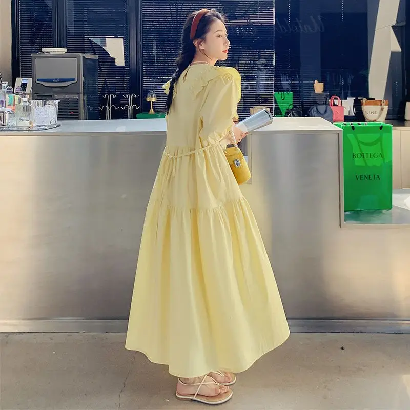 Summer Korean Pleated Solid Color O-neck Puff Sleeve Midi Dress Femme Sweet Patchwork Loose Casual Dresses Women Clothing Dress