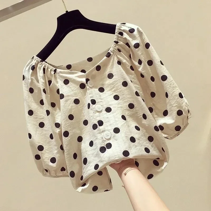 2024 Polka Dot Casual V-Neck Single Breasted Short Sleeve Loose Women's Blouse Shirt Korean Fashion Female Clothing Tops Summer