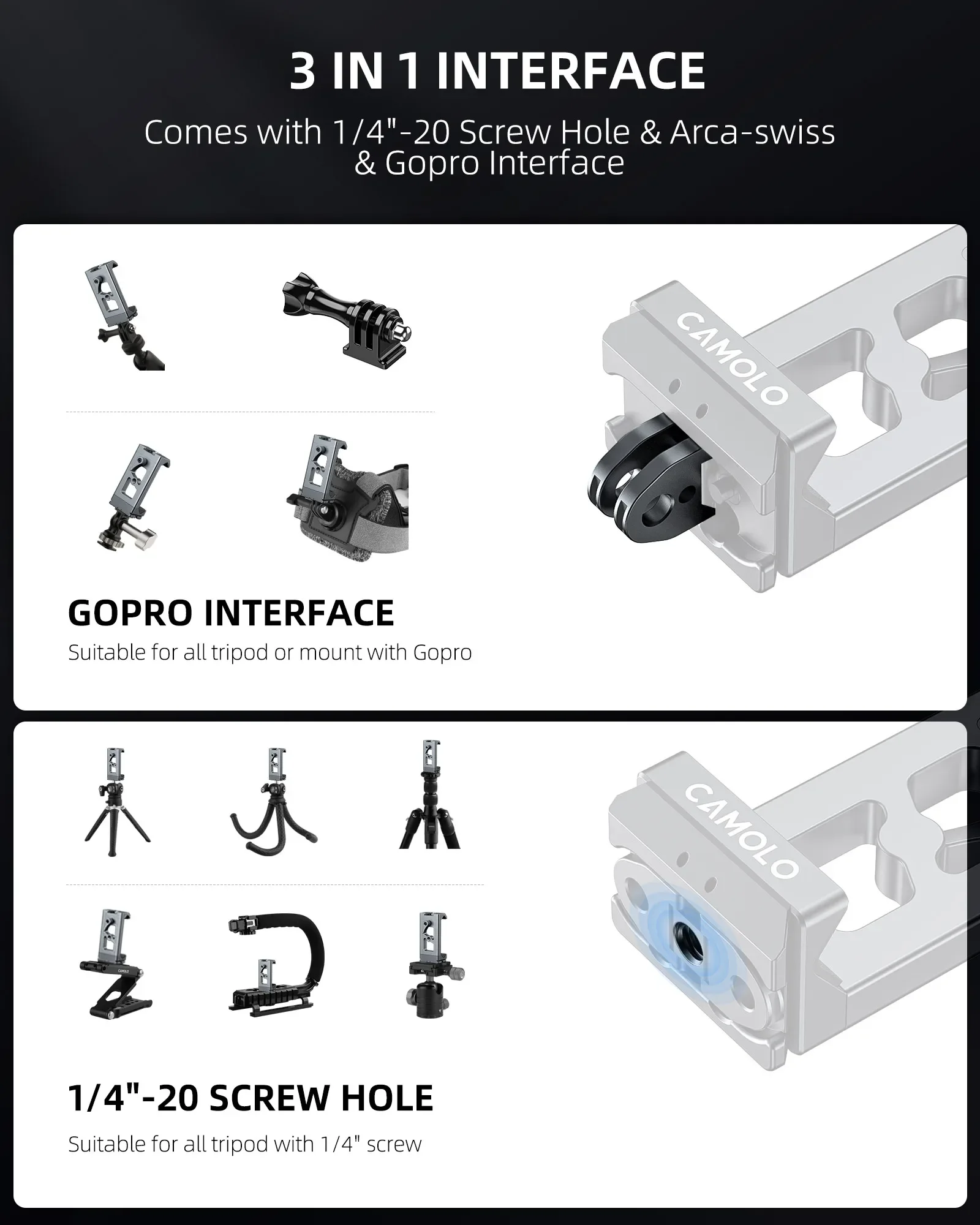 CAMOLO 금속 전화 클립 홀더(Arca 포트 및 액션 카메라 어댑터 포함) iPhone Gopro Samsung용 스마트폰 삼각대 어댑터 클램프
