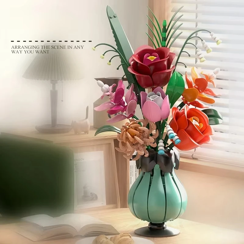 クリエイティブブーケMOCビルディングブロックセットモデルフラワーポット装飾ローズモデルDIYキッズバレンタインデーおもちゃ女の子クリスマスギフト