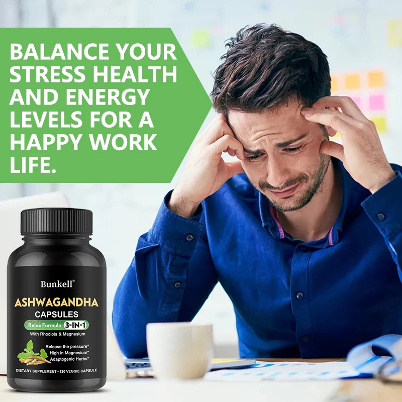 Organic Ashwagandha - 120 Veggie Capsules 3-in-1 with Rhodiola Rosea & Magnesium - Stress Relief, Mood, Focus, Brain Function