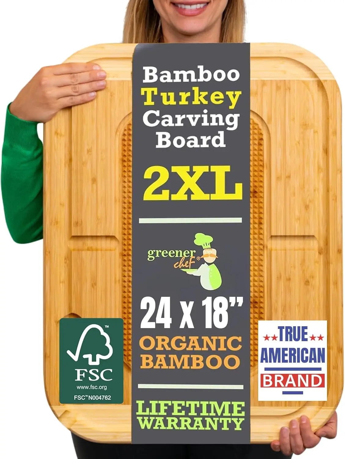 

24 Inch Organic Bamboo Extra Large Carving Board with Lifetime Replacements - 2XL Meat Cutting Board and Wooden Butcher