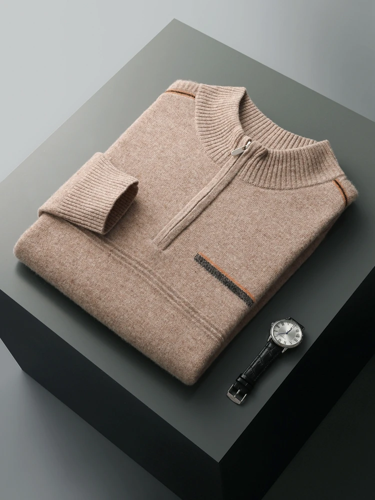 

TLOML Men's 100% Merino Wool Sweater Jacquard Zipper Mock Neck Pullover Autumn Winter Soft Warm Smart Casual Style Cashmere Tops