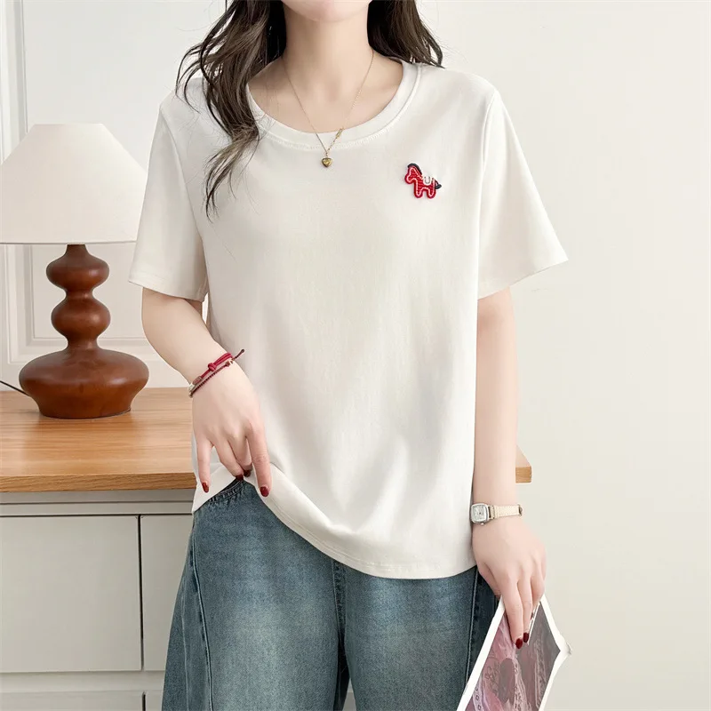

Fashion Plus Size Ladies Tee Summer Cotton Blend Short Sleeve O-neck Pony Applique Casual Tops 2603