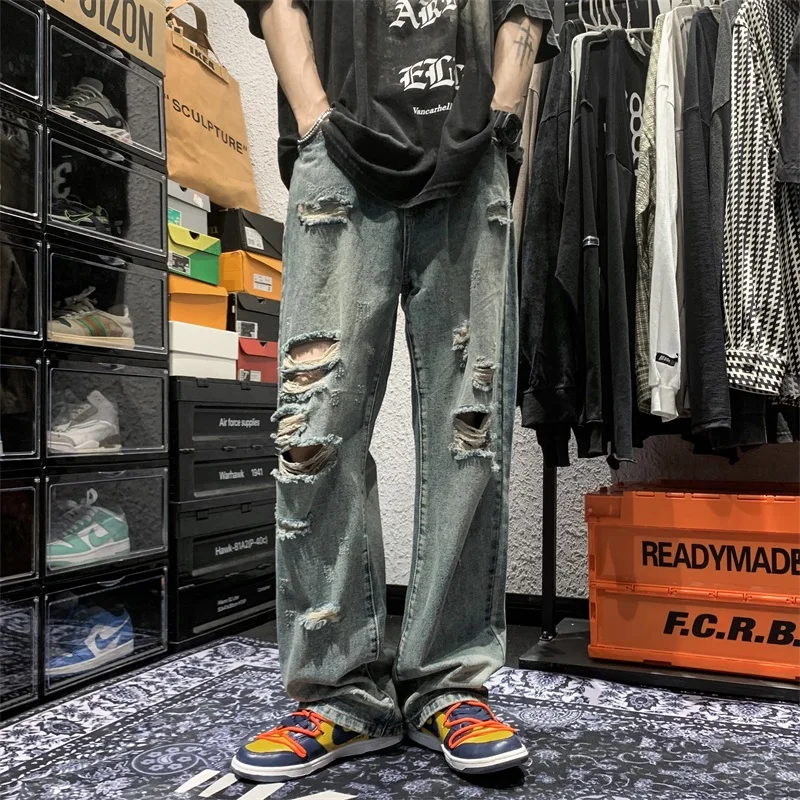 

Vintage Washed Ripped Straight Leg Loose Fit Casual Jeans Hip Hop Style for Men Summer Season Teenagers Fashion Trend