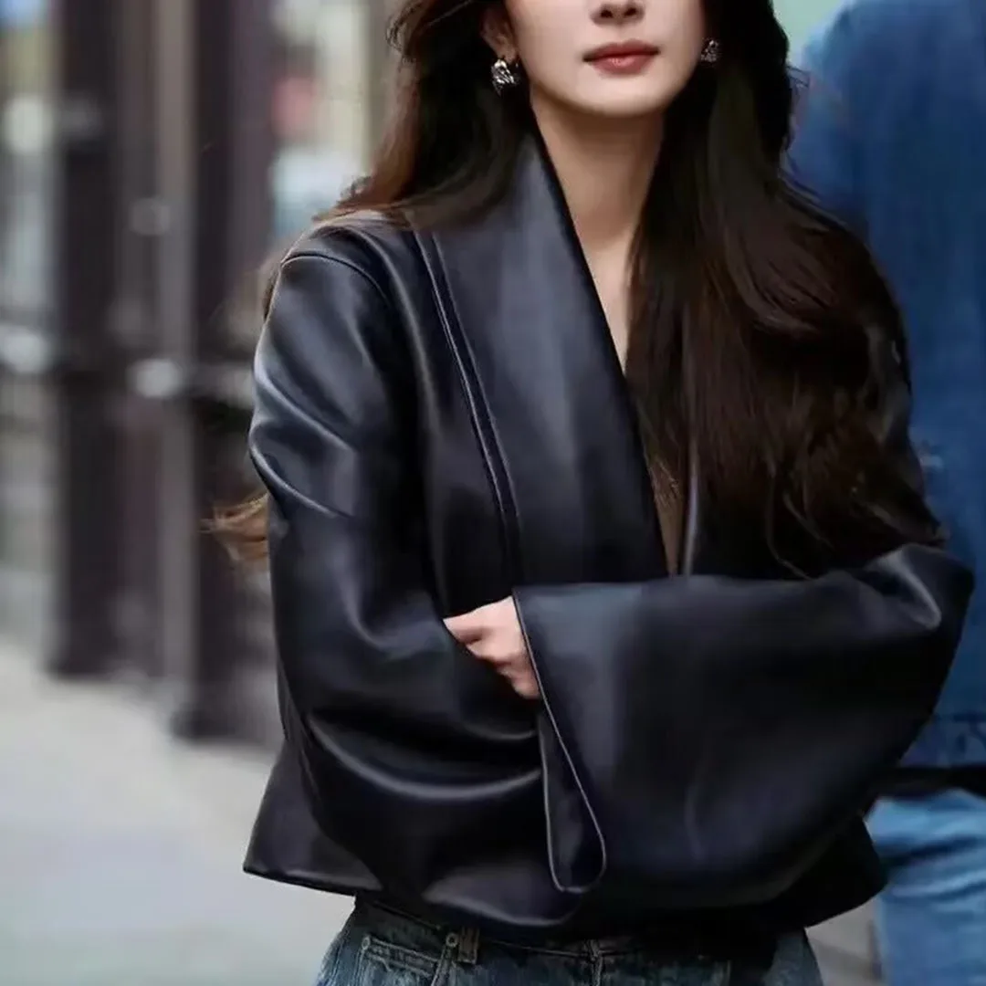 Luxury 100% Sheepskin Leather Black Short Design Coat Women Big Lapel Wide Long Sleeve Solid Chic Elegant Novelty Autumn Jacket
