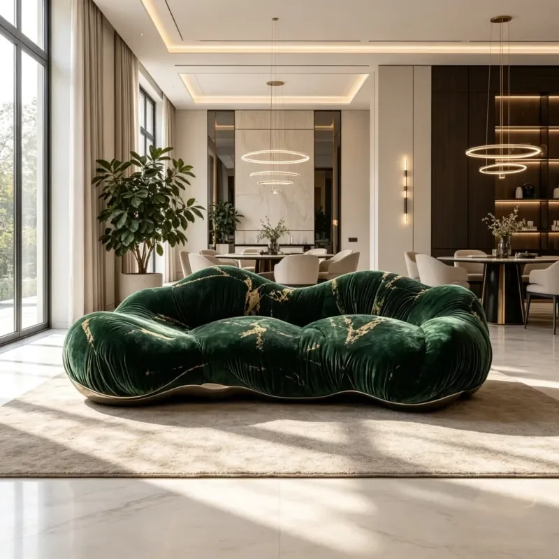 Wavy Curved Velvet Sofa with Golden Marble Pattern Art Design for Living Room Villa Hotel Lobby Luxury Home Decoration