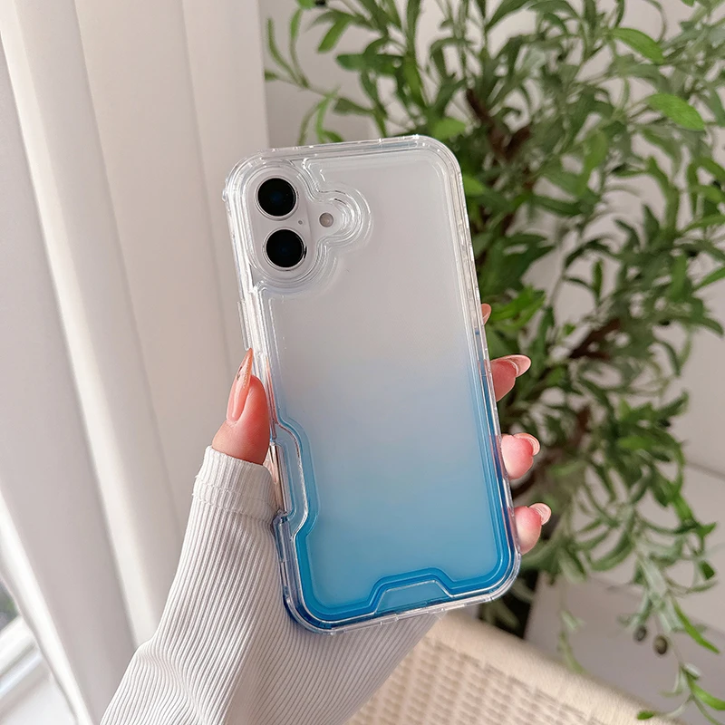 2in1 Luxury Gradient Color Blocking Transparent Phone Case For iPhone 16 15 14 13 12 11 Pro Max Plus Shockproof Clear Case Cover