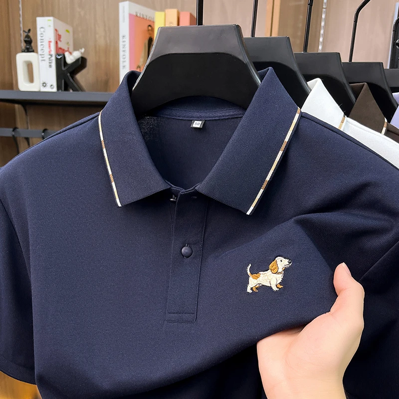 High end silk cotton short sleeve polo shirt men summer fashion brand cute little dog embossed design Korean casual golf T-shirt