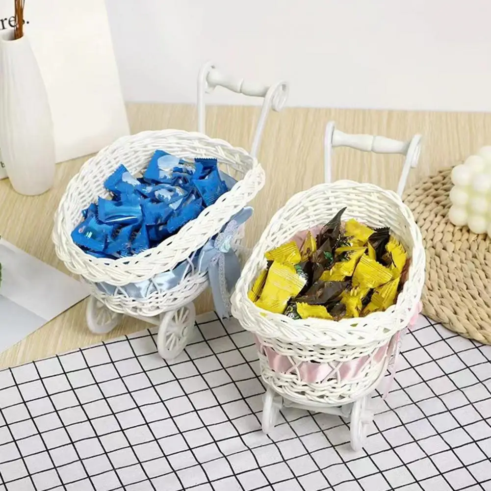 Desktop Storage Organizer Baby Shower Table Centerpiece Rattan Stroller Flower Basket Small Woven Storage Organizer for Home