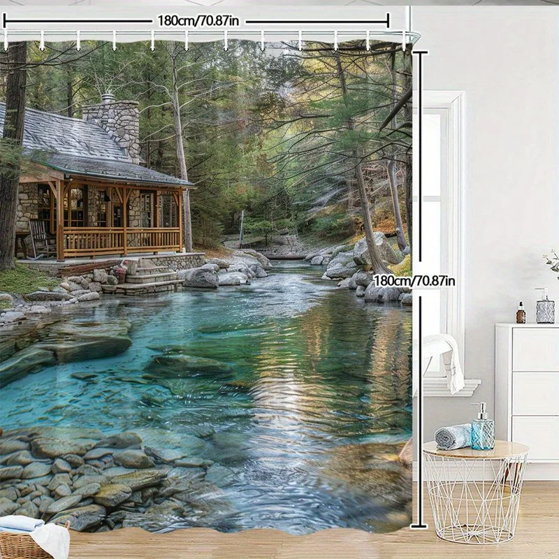 Rustic Cabin Stream Landscape Shower Curtain Waterproof Bathroom Decor for Nature Lovers