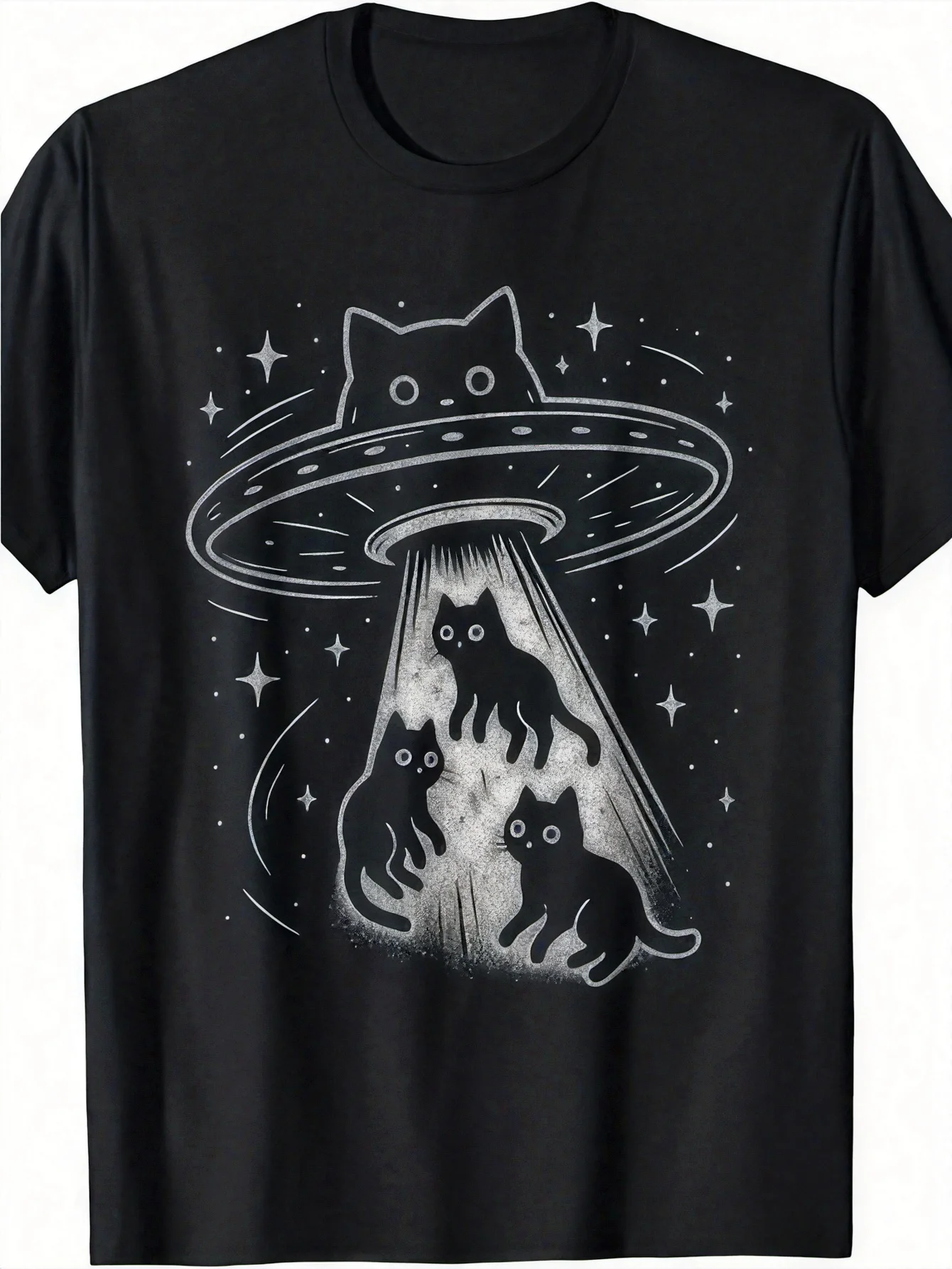 [Cat UFO T-Shirt] Funny Cat UFO Cute Kitten Spaceship Alien Aesthetic T-Shirt |   Men'S Casual Short Sleeves, Comfortable Fit, Playful Print, Round Neck, Suitable for All Seasons