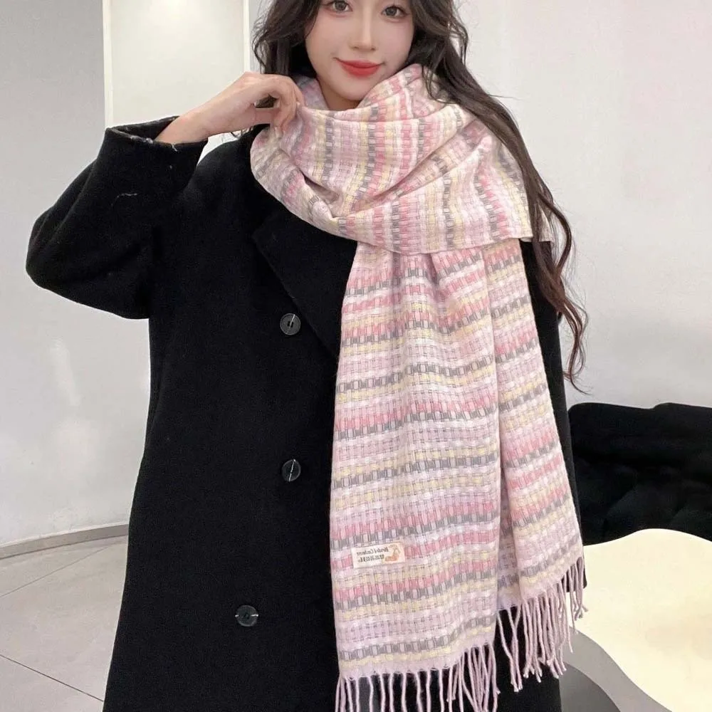 Soft Dopamine Plaid Scarf Anti-cold Korean Style Knitted Wool Shawl Contrast Color Polyester Long Neckscarf with Tassel Outdoor