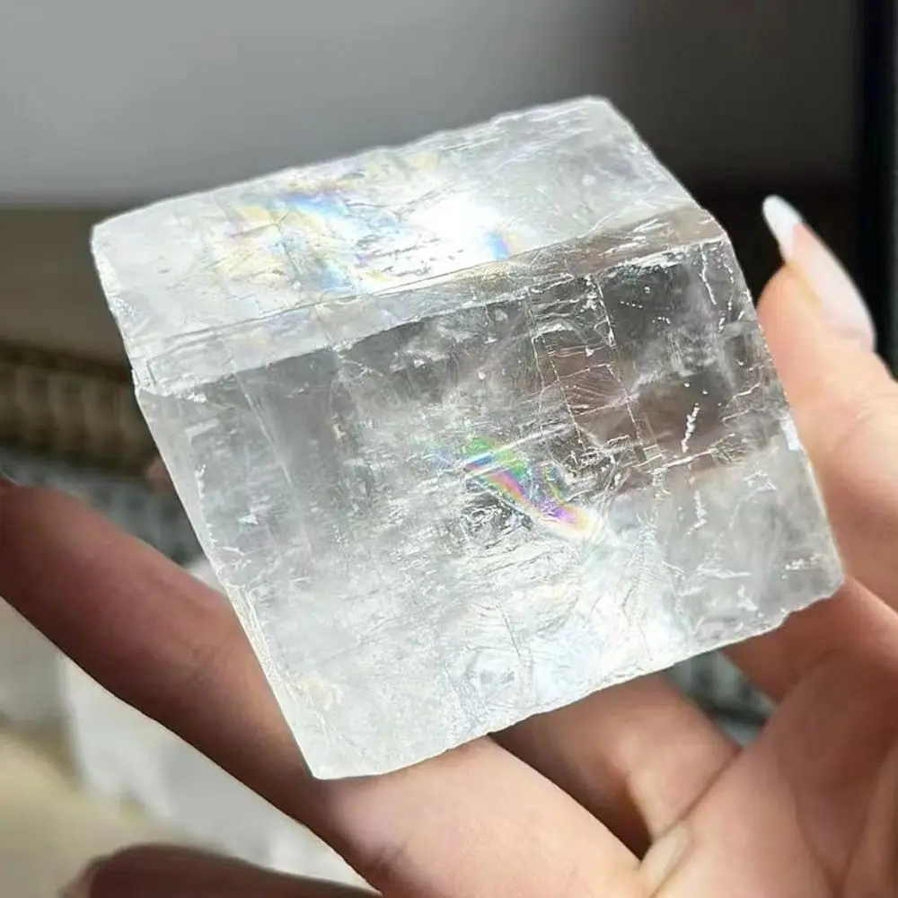 Iceland Spar Clear Optical Calcite Cube, Rough Transparency Calcite Specimen Natural Mineral Collecting for Home Decoration view 3