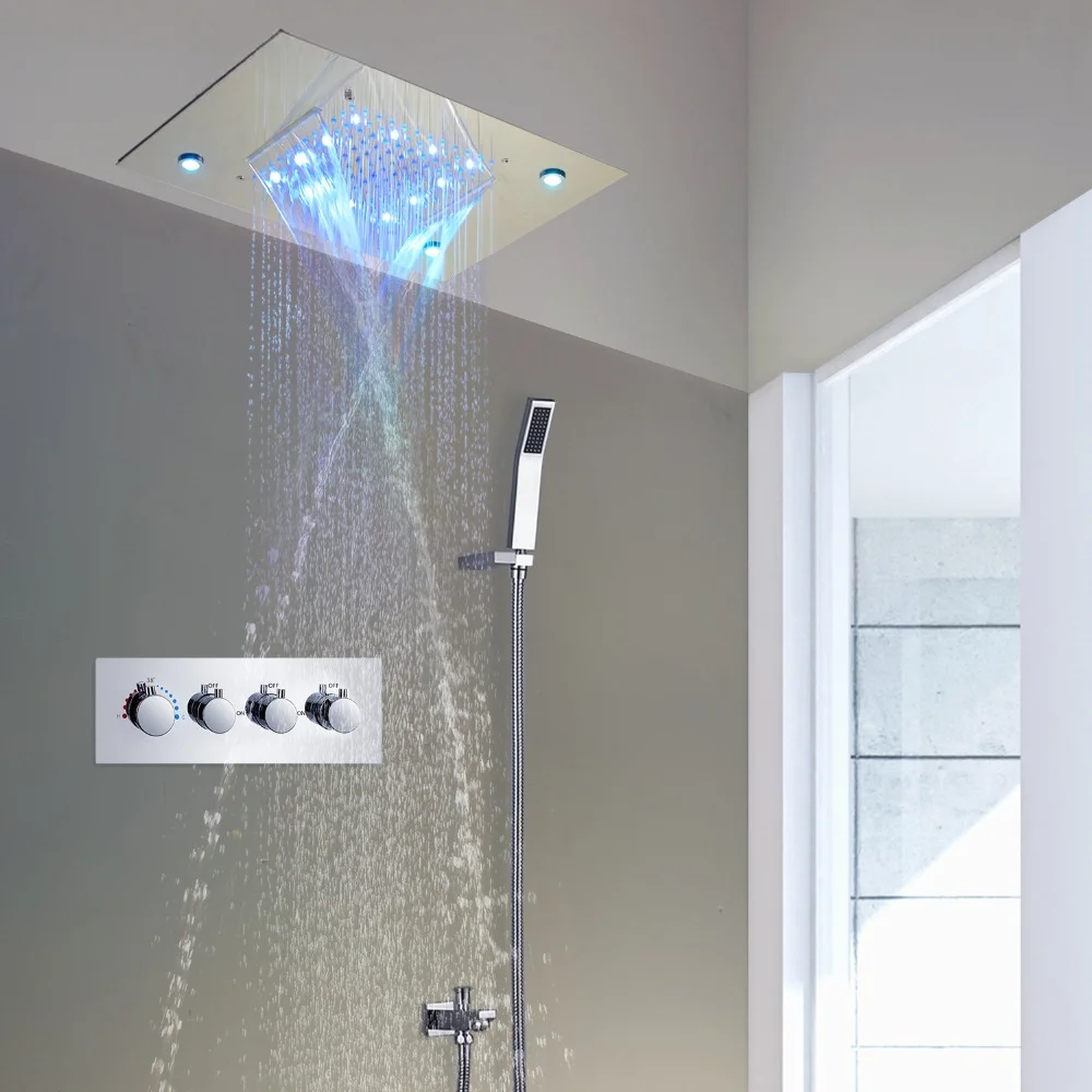 304 Stainless Steel Shower Head Panel System LED Rainfall Waterfall Multi Function Massage Shower Set With Thermostatic Mixer