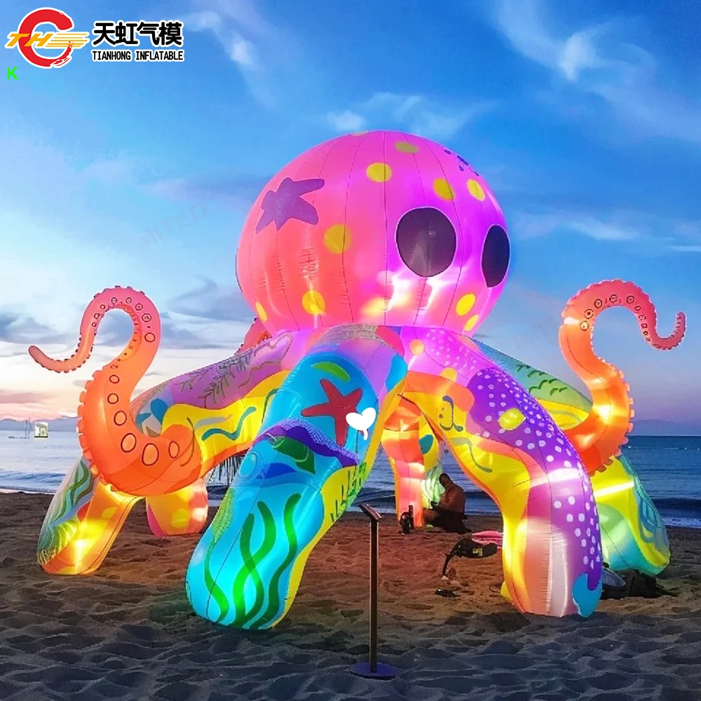 Cabina de pulpo inflable con impresión elegante colorida, envío rápido, con iluminación LED, fondo de tienda de escenario para tentáculos inflables