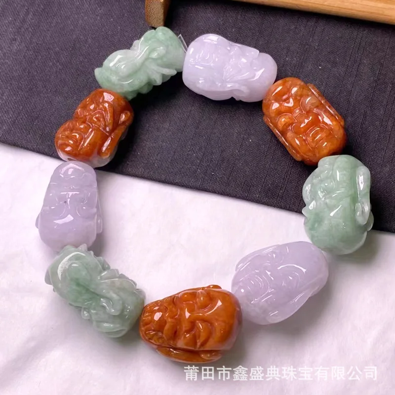 Myanmar Natural Emerald a Three-Color Buddha Head Bracelet with Certificate