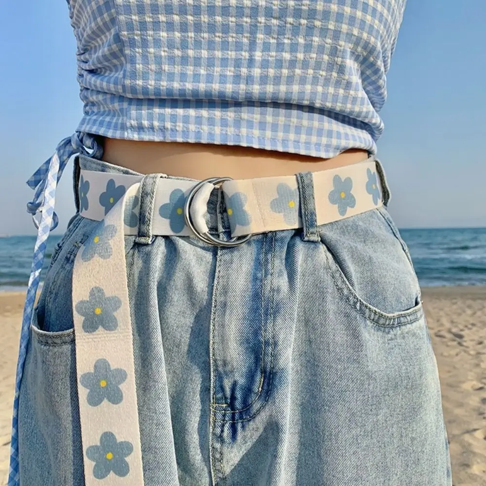 Fashion Blue Flower Nylon Braided Belt Luxury Trendy Design Versatile Jeans Waistband Weave Waist Band