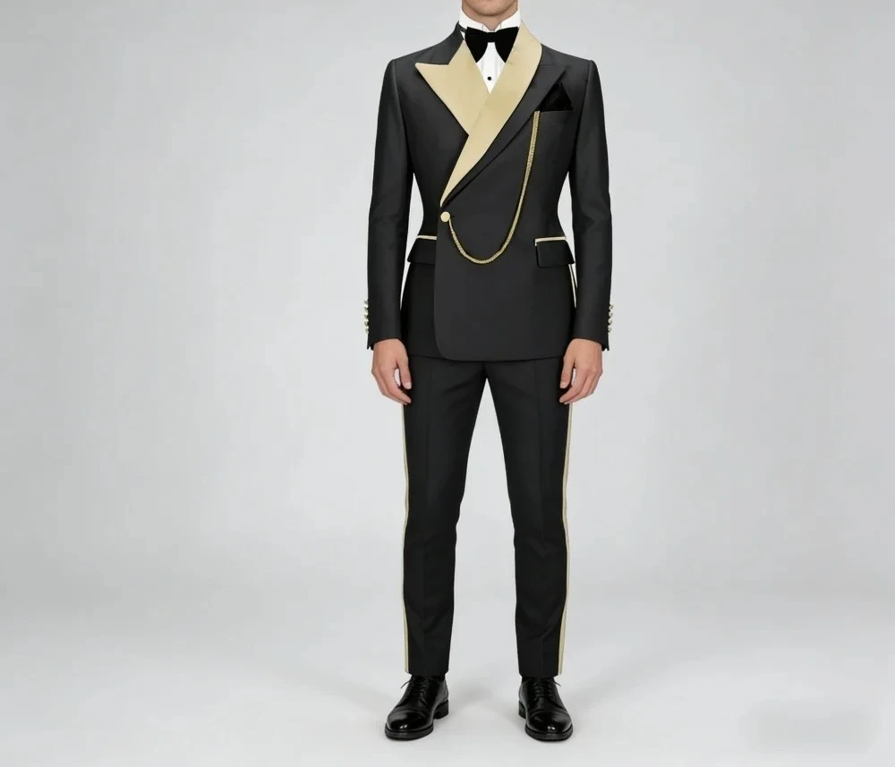 Black Gold Contrast Color For Men Wedding Formal Peak Lapel 2PCS Suit Groom Suit Set Jacket Pants Wedding Occasion Customized