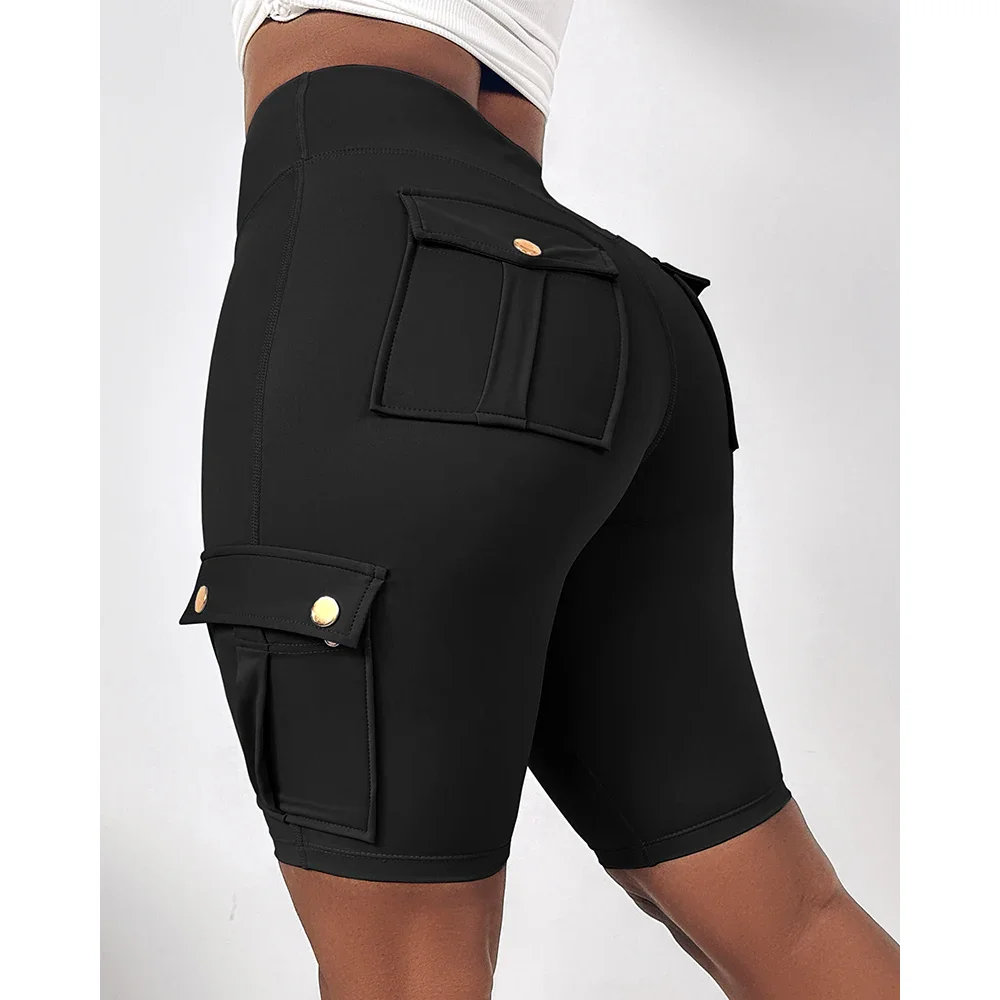 Tummy Control Butt Lifting Active Shorts High Waist Flap Pocket Workout Bermuda Cargo Running Shorts
