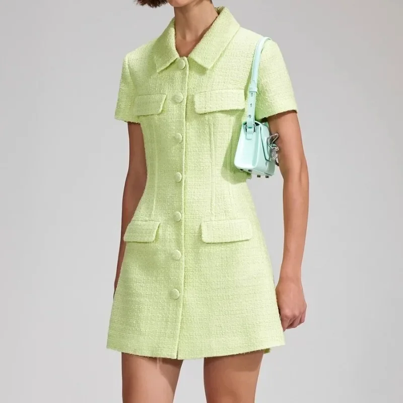 

Office Lady 2024 Turn Down Collar Green Short Sleeve Front Buttons Closure High Quality Tweed Mini Dress