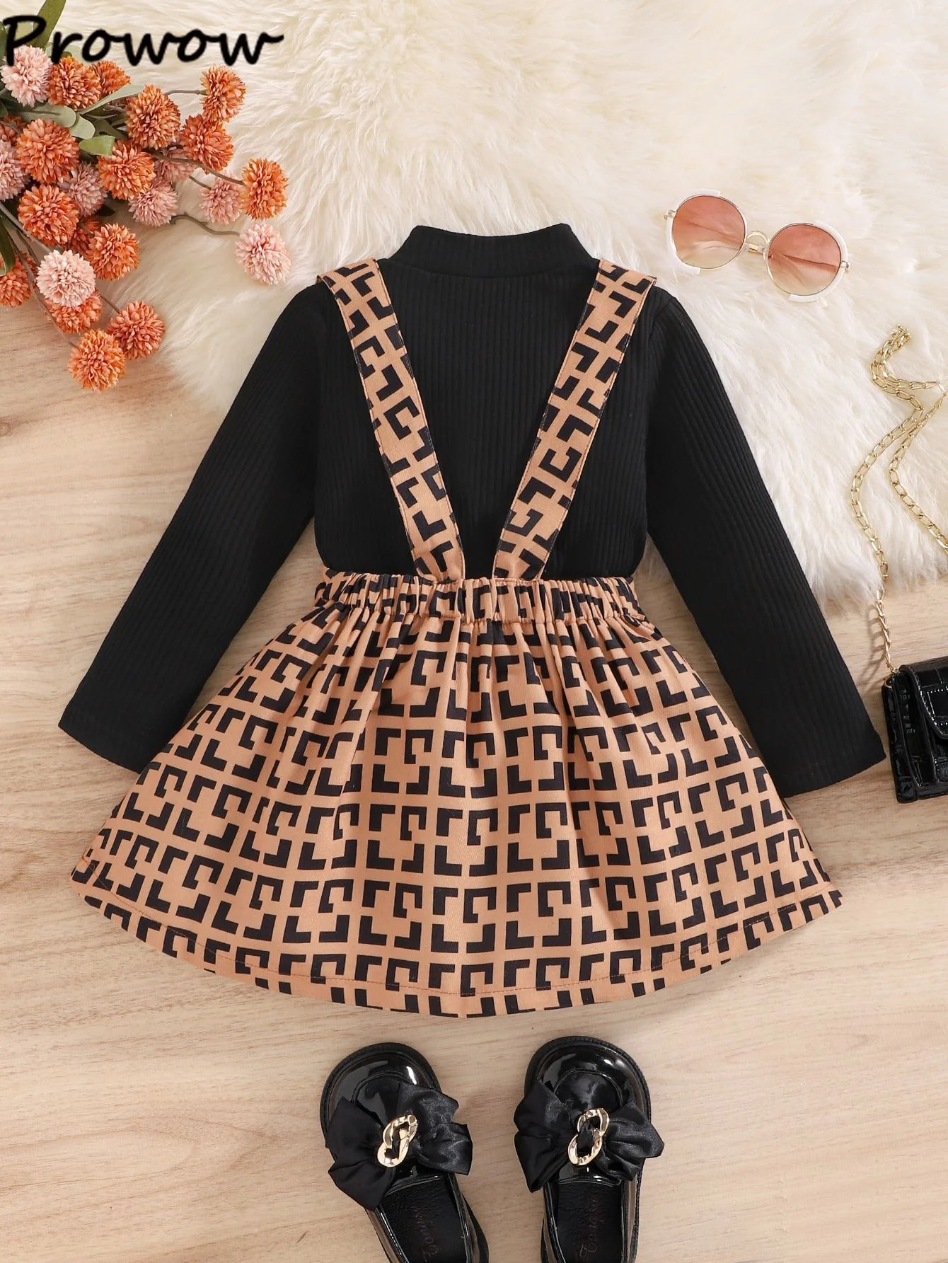 Prowow Fall Winter Kids Clothes 2024 Girls\'s Outfit Sets High Neck Black Top and Overalls Dress 2pcs Children Clothing Girl Sets