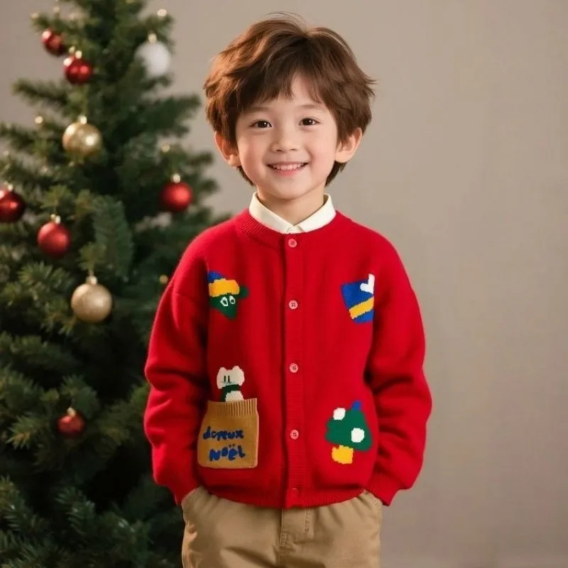 Boys Girls Christmas Knitted Cardigan Spring Autumn Festive Holiday Open Front Sweater Kids Children Clothing Jacket