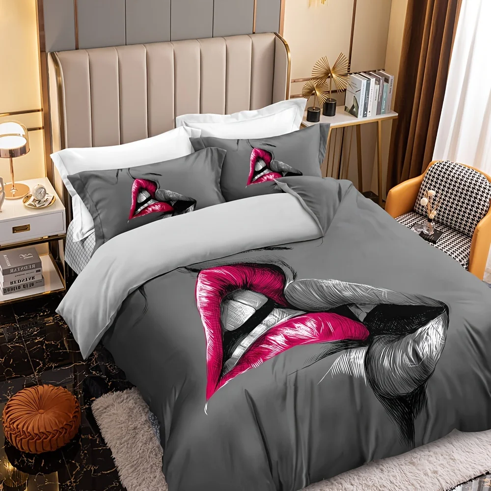 3pcs Couple Bedding Kiss Sketch Crimson Lips Kissing Guest Room Duvet Cover Set (1pc* Duvet Cover + 2pcs Pillowcase)