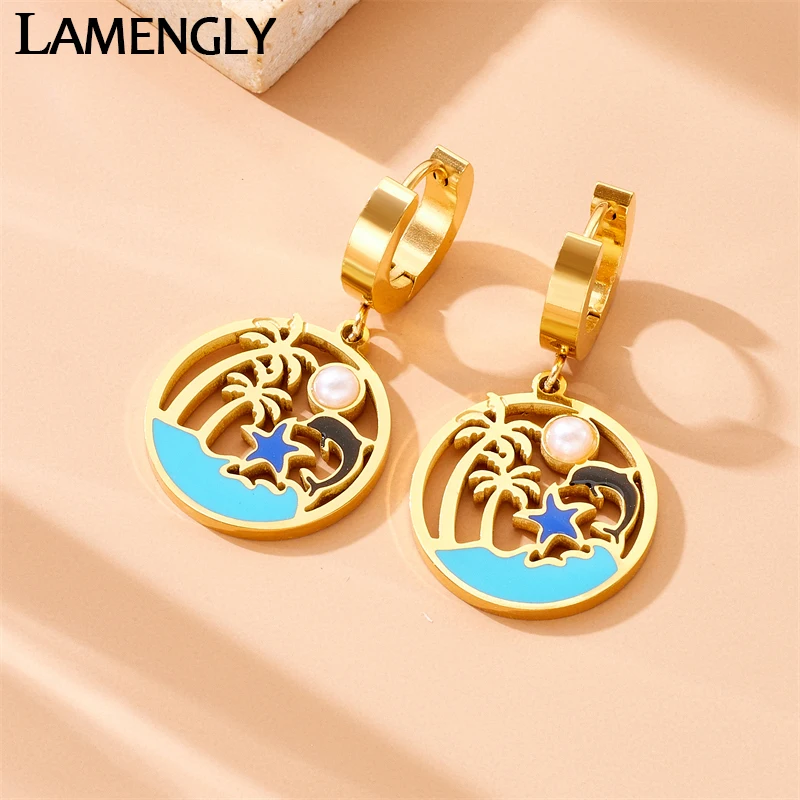 LAMENGLY High Quality 316l Stainless Steel Beach Coconut Tree Star Dolphin Earrings Women Romantic Summer Trend Eardrop Gift