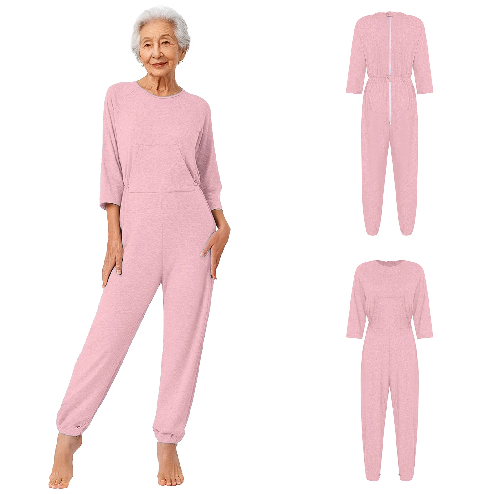 Women Elderly Adaptive  Anti-Strip Jumpsuit Back And Legs Zippers Rompers for Alzheimer Dementia Special Needs Disabilities