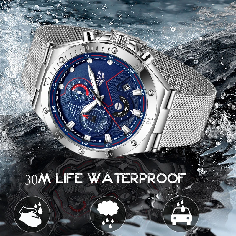 Relogio Masculino LIGE Luxury Quartz Watch for Men Watches Sport Clock Wristwatch Waterproof Watches Chronograph Mesh Belt Watch