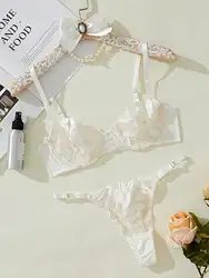 Women'S Underwear Sexy See Through Mesh Transparent Embroidery Fragmented Flower Kit Push Bra+Thong Panties Lingerie Set 2024