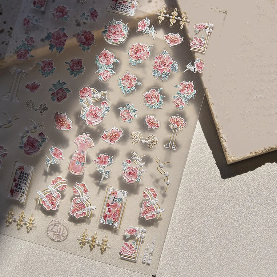 Pegatinas de Arte de uñas de flores rosas Kawaii, 5D, 1 piezas, dibujos animados, estilos chinos, peonía, Qipao, calcomanías autoadhesivas, accesorios de decoración de uñas
