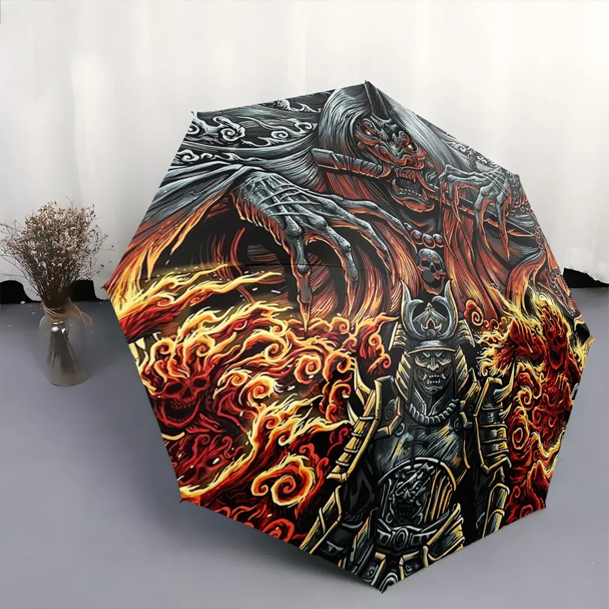 Samurai Warrior With Fiery Demons and Dark Ghostly Spirit portable waterproof sun rain umbrella for outdoor travel beach