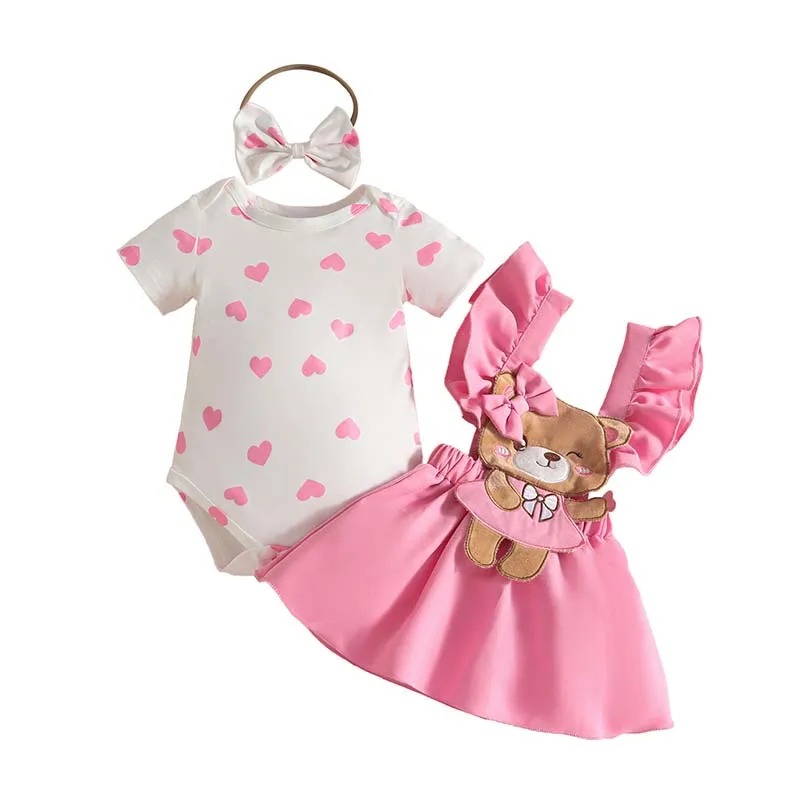 

Newborn Set Baby Girl Clothes Summer Love Print Short Sleeve Bodysuit+Cartoon Bear Halter Dress+Hairband Baby Outfits 0-18Months