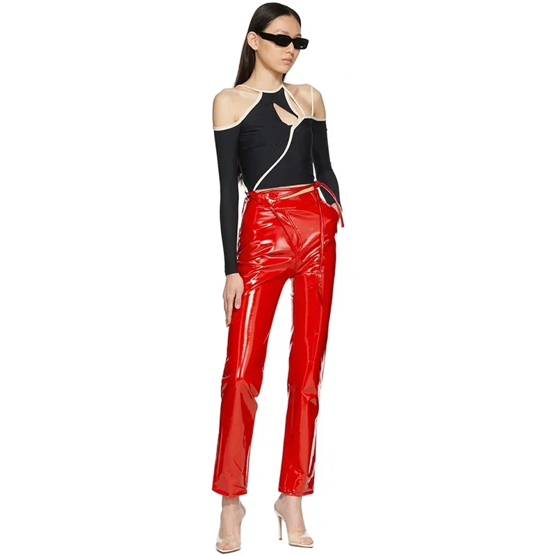 Pantalon taille haute en similicuir latex pour femme, surintendant, bandage, pantalon à jambe droite, brevet brillant, bureau, fête, PU, fjNew bt