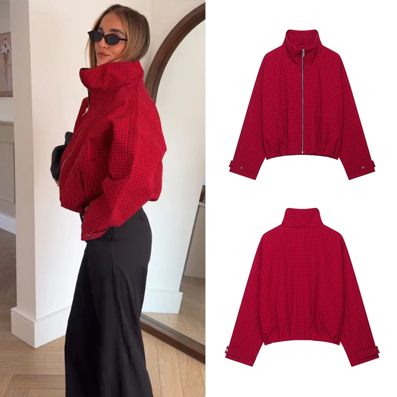 Guobioziy Women's Red Plaid Short Pilot Jacket, Stand Collar Zipper Loose Coat, Casual Street Dating Everyday Autumn
