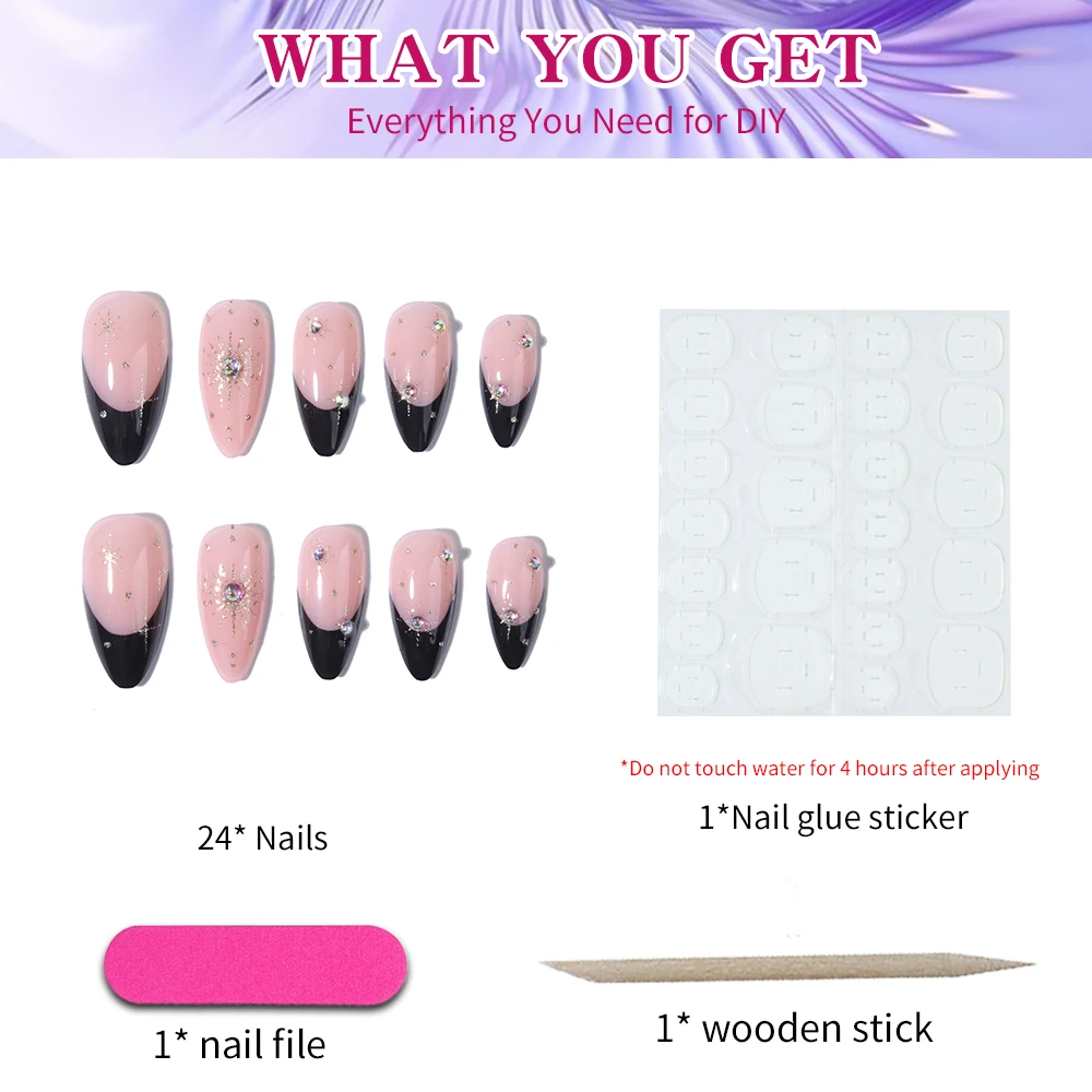 24個入り ロングアーモンド グリッター ラインストーンデザイン ブラックフレンチチップ つけ爪 ロングフィット 完璧にフィットするアクリル製フェイクネイルセット、conta