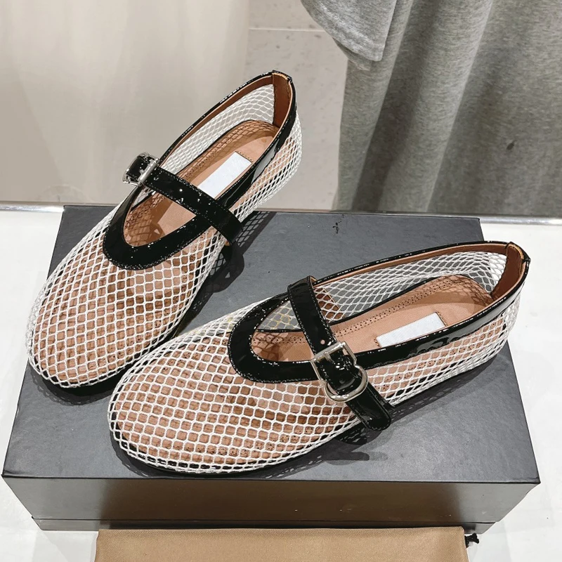 Mesh Flat Ballerina Shoes Buckle Strap Round Toe Hot Selling Girls Dancing Shoe Cut Out Ballet Sapatos Mujer High Quality New