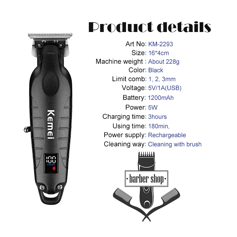 Kemei KM-2293 Hair Clipper Professional Electric Rechargeable Barber Trimmer  Cordless Trimmer Type-c Zero Gapped Cutting