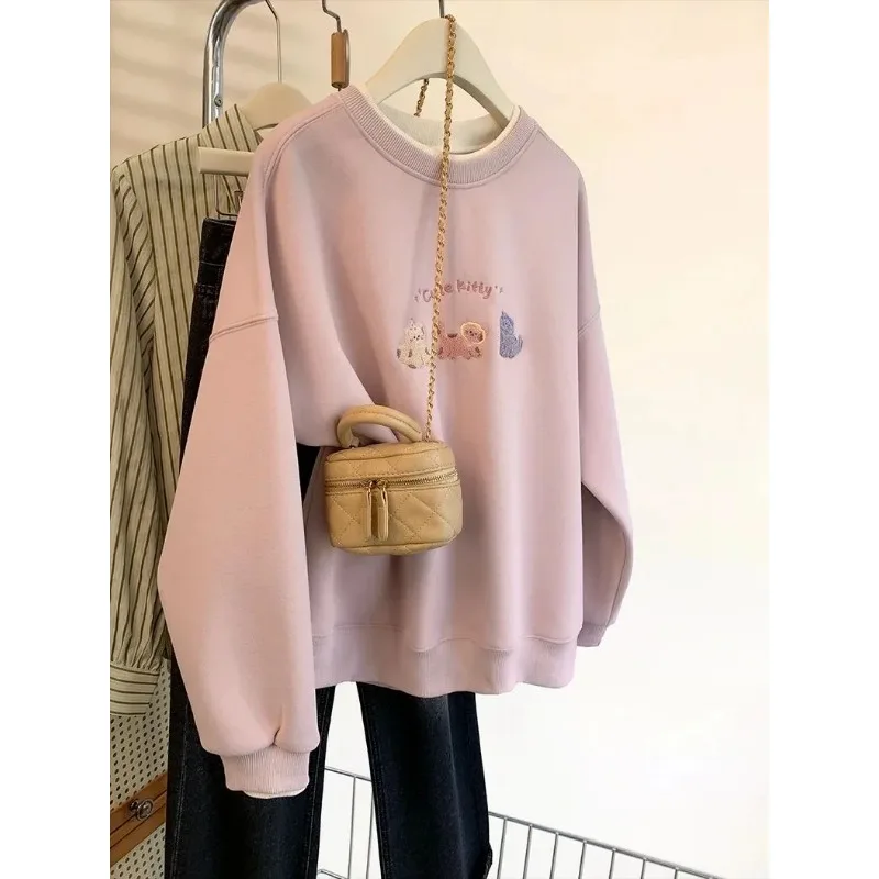 

Женский светло-фиолетовый свитшот с круглым вырезом, с милой вышивкой животных, оверсайз, повседневный пуловер