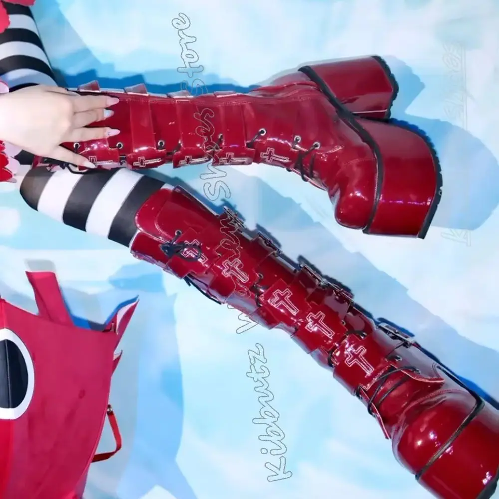 

Belt Buckle Boots Knee High Platform Leather Solid Color Punk Rock Gothic Hot Girls Shoes Sexy Round Toe Chunky Heel Fashion New